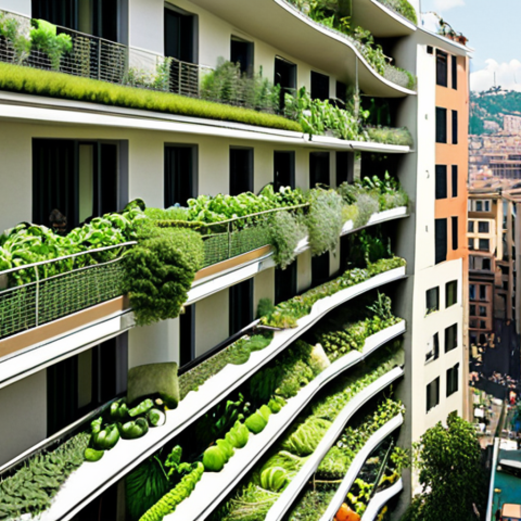 **Image 1 Prompt:** A vibrant, futuristic cityscape, reminiscent of Milan or Naples, where every balcony and rooftop is transformed into a lush urban garden. Buildings are adorned with thriving vegetables and herbs, showing a 'green revolution' in progress. People are happily tending to their small productive green spaces, illustrating sustainable urban living and community connection. Emphasize a sense of freshness and innovation.