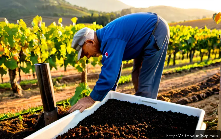 버미컴포스팅과 농업 기술의 미래 - Photorealistic Italian vineyard at sunrise, an older farmer in practical work clothes inspecting a m...