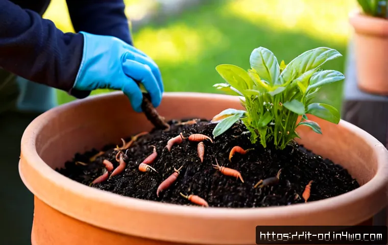 Home 13 버미컴포스팅을 위한 미생물 선택 가이드 - Photorealistic close-up of an Italian home gardener examining rich vermicompost in gloved hands besi...